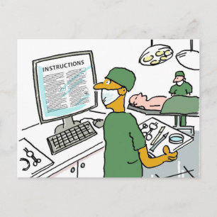 Aziatische chirurg controleert instructies. grappi briefkaart