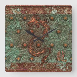 Aziatische Copper Dragon Rusty Metal Fantasy Art C Vierkante Klok