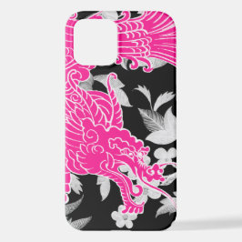 Aziatische Draak - Roze op Zwarte Bloemen iPhone 12 Hoesje