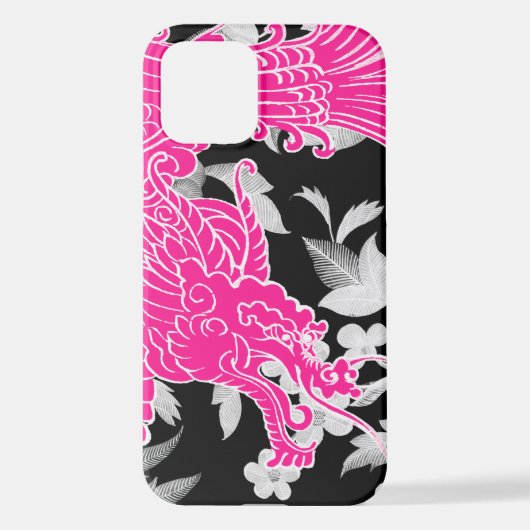 Aziatische Draak - Roze op Zwarte Bloemen iPhone Hoesje (Achterkant)