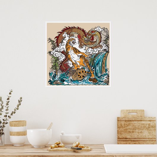 Aziatische draak tegen tijger. Grafisch ART Poster (Keuken)