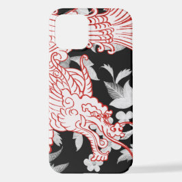 Aziatische draak - White op Black Floral iPhone Ca 12 Hoesje