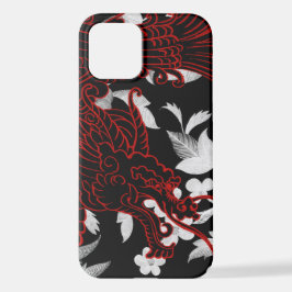 Aziatische draak - Zwart op Black Floral iPhone Ca iPhone 12 Hoesje