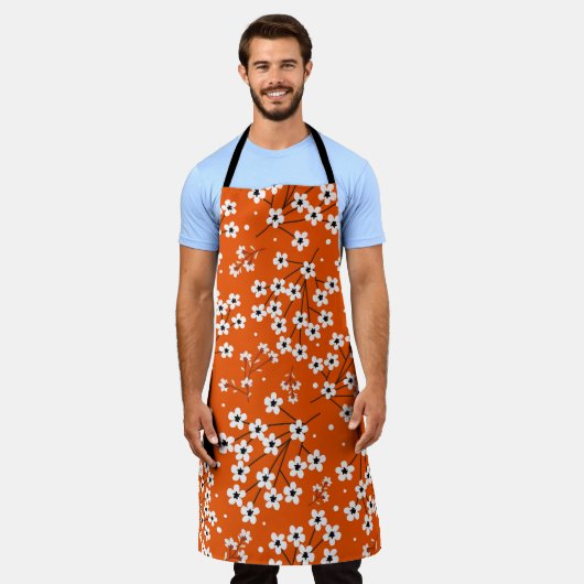 Aziatische Elegantie: Rode Bloemen Naadloze Print Schort (Gedragen)