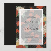 Aziatische Floral en Rode Maple Leaves Black Weddi Kaart (Voorkant / Achterkant)