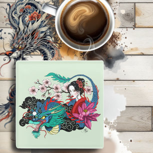 Aziatische Geisha Draak Kersenbloesem Blauw Glazen Onderzetter
