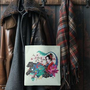 Aziatische Geisha Draak Kersenbloesem Blauw Tote Bag