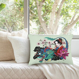 Aziatische Geisha Draak Kersenbloesems Blauw Accent Kussen