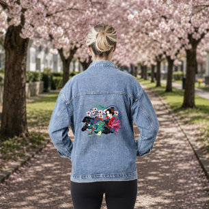 Aziatische Geisha Draak Kersenbloesems Blauw Denim Jacket