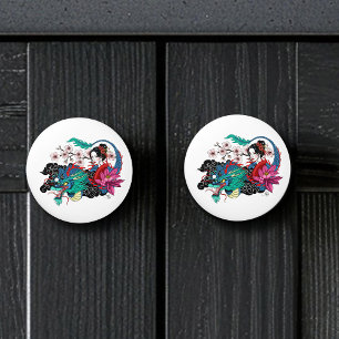 Aziatische Geisha Draak Kersenbloesems Blauw Keramische Knop
