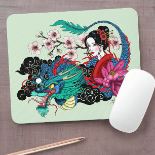 Aziatische Geisha Draak Kersenbloesems Blauw Muismat