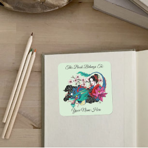 Aziatische Geisha Draak Kersenbloesems Blauwe Boek Vierkante Sticker