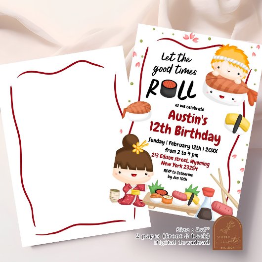 Aziatische Hibachi Sushi Kids Verjaardag Uitnodigi Kaart