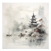 Aziatische Huis en Schip Inkt Schilderen Foto Afdruk (Voorkant)