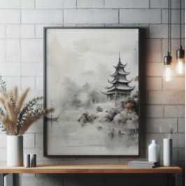 Aziatische Huis en Schip Inkt Schilderen Foto Afdruk