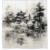 Aziatische Huis Inkt Schilderen Douchegordijn (Voorkant)