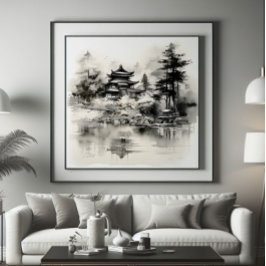 Aziatische Huis Inkt Schilderen Foto Afdruk