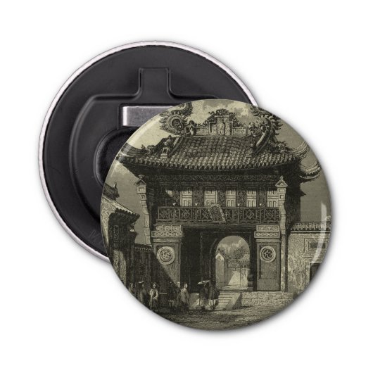 Aziatische imperiale tempel in zwart-wit button flesopener (Voorkant)