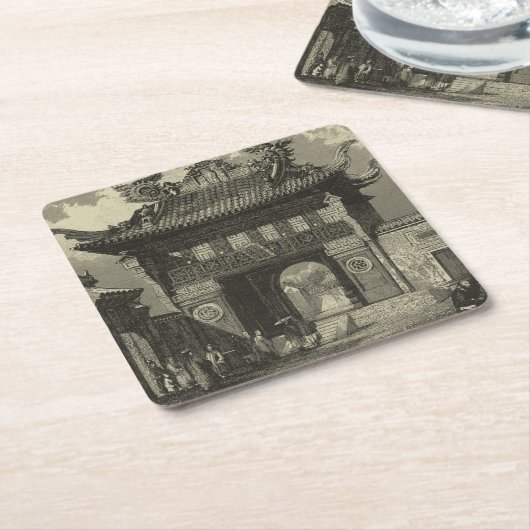 Aziatische imperiale tempel in zwart-wit kartonnen onderzetters (Schuin)