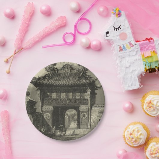 Aziatische imperiale tempel in zwart-wit papieren bordje (Feest)