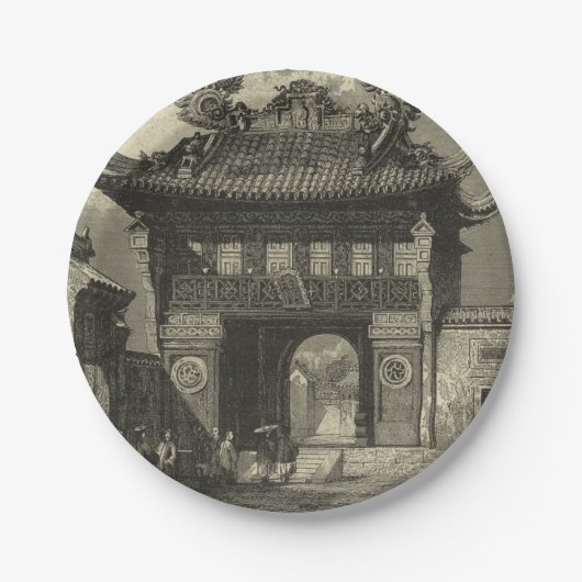 Aziatische imperiale tempel in zwart-wit papieren bordje (Voorkant)