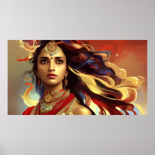 Aziatische Indische vrouw met kleurrijk rood goud  Poster