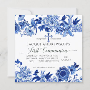 Aziatische Influence Blue White Floral First Commu Kaart