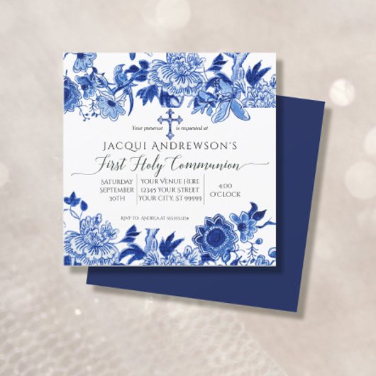 Aziatische Influence Blue White Floral First Commu Kaart