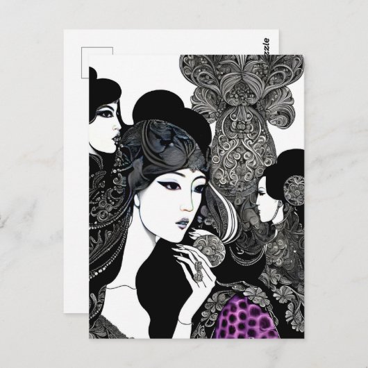 Aziatische inkt vrouw kunst, Postcrossing Briefkaart (Voorkant / Achterkant)