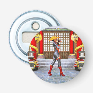 Aziatische krijgsmeisje-fantasie-samurai-kunstwerk button flesopener