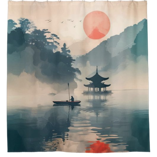 Aziatische kunst Serene Zonsondergang in het pavil Douchegordijn (Voorkant)