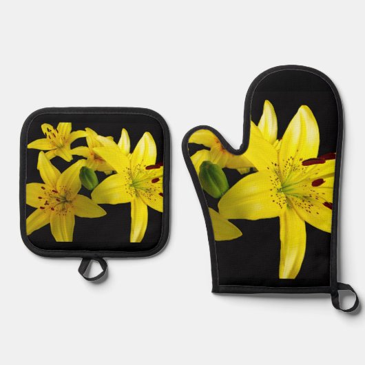 Aziatische lelies op zwart ovenwant & pannenlap set (Voorkant)