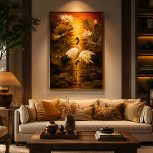 Aziatische liefde & vrede Lotus Kraanvogels Olie S Perfect Poster