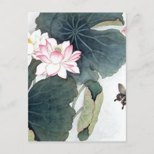 Aziatische Lotus Leaf Pink Flower Butterfly Art Co Briefkaart