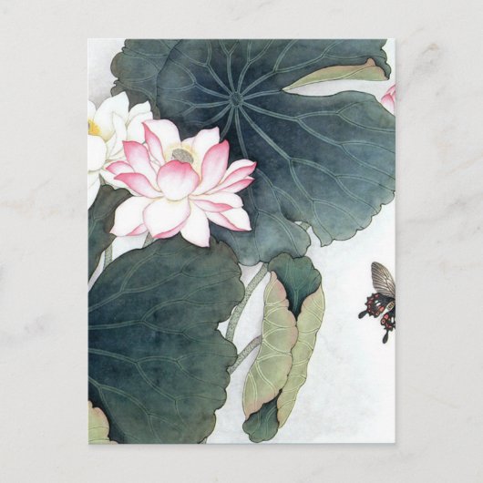 Aziatische Lotus Leaf Pink Flower Butterfly Art Co Briefkaart (Voorkant)