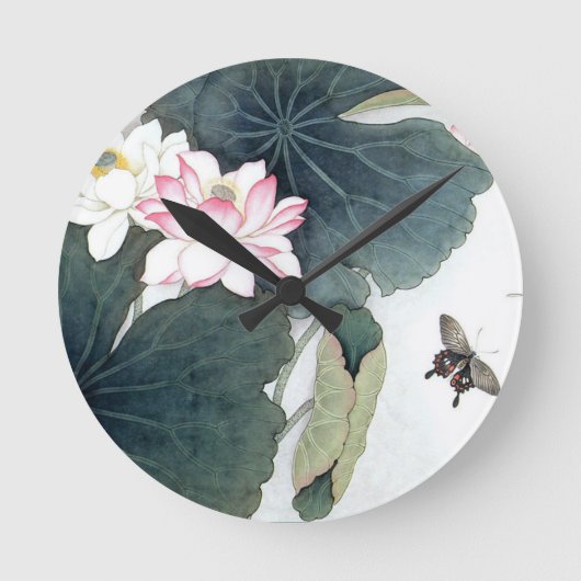 Aziatische Lotus Leaf Pink Flower Butterfly Art Co Ronde Klok (Voorkant)