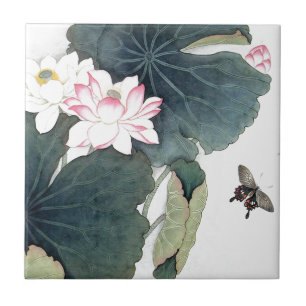 Aziatische Lotus Leaf Pink Flower Butterfly Art Co Tegeltje