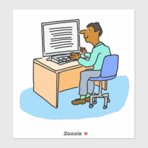 Aziatische man die bij een computer werkt sticker