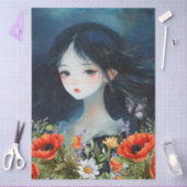 Aziatische Meisje Wildflowers & Red Poppies Abstra Tissuepapier (Craft)