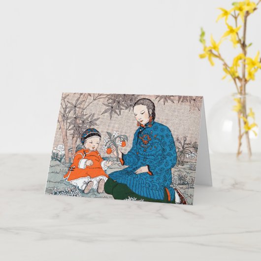 Aziatische moeder en kind Moederdag Kaart (Gele Bloem)