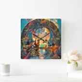 Aziatische nachtsilhouetjes in maanlicht vierkante klok (Huis)