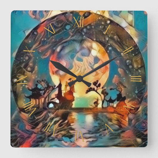 Aziatische nachtsilhouetjes in maanlicht vierkante klok (Voorkant)