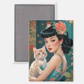 Aziatische Pin-Up en Schattigee Kitten Magneet (Voorkant / Achterkant)
