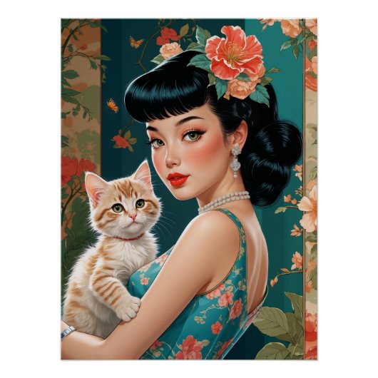 Aziatische Pin-Up en Schattigee Kitten Perfect Poster (Voorkant)