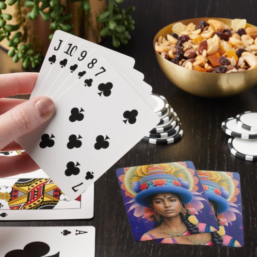 Aziatische prinses met groot blauw pet pokerkaarten (Insitu)