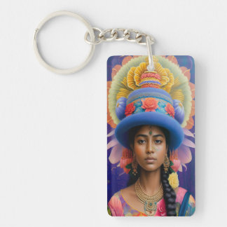 Aziatische prinses met groot blauw pet sleutelhanger