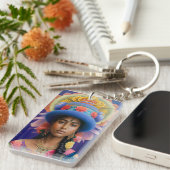 Aziatische prinses met groot blauw pet sleutelhanger (Voorkant Rechts)