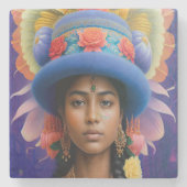 Aziatische prinses met groot blauw pet stenen onderzetter (Voorkant)