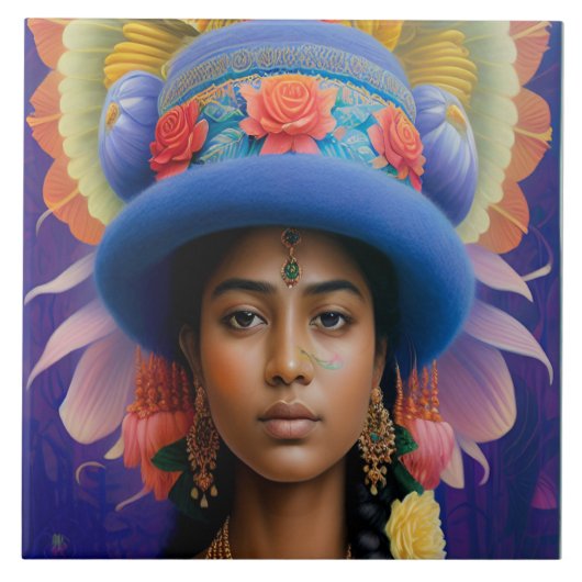 Aziatische prinses met groot blauw pet tegeltje (Voorkant)