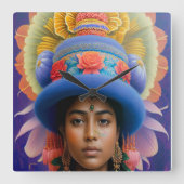 Aziatische prinses met groot blauw pet vierkante klok (Voorkant)